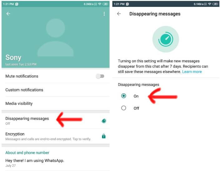 How to activate the temporary messages in WhatsApp?